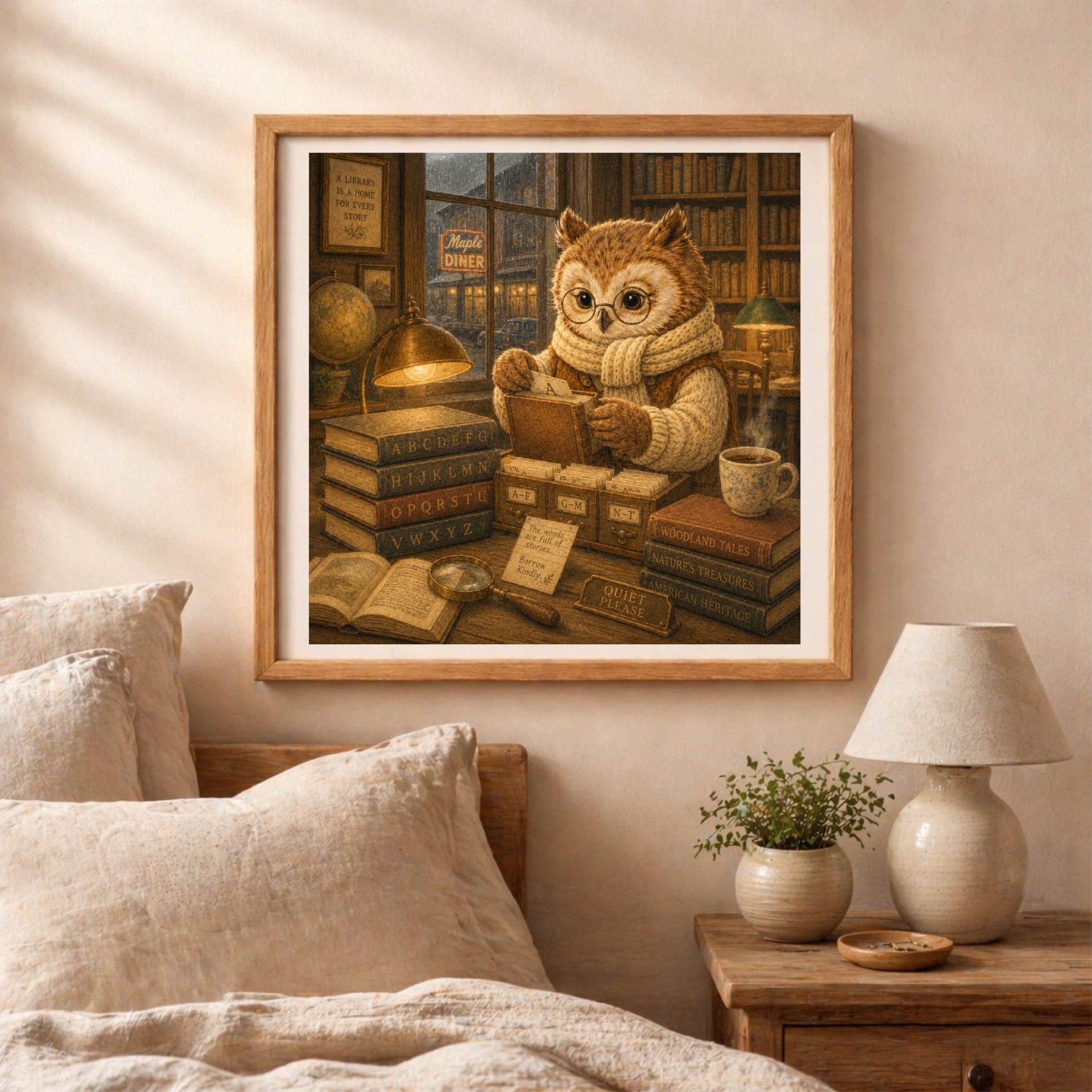 American Woodland Alphabet Owl Librarian Printable Art 5 American Woodland Alphabet owl librarian printable wall art displayed above a cozy farmhouse bedroom bed