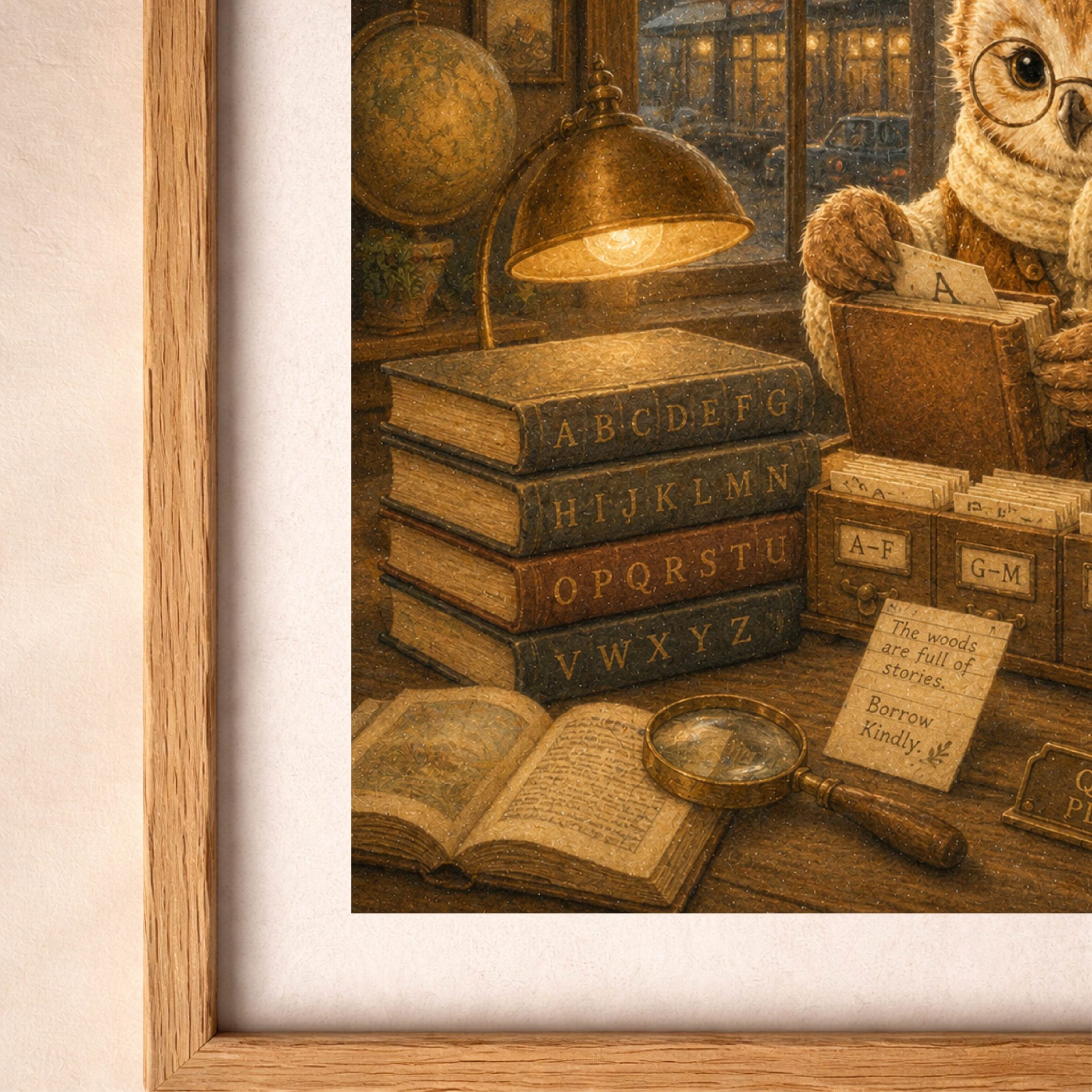 American Woodland Alphabet Owl Librarian Printable Art 6 Close-up detail of American Woodland Alphabet owl librarian artwork showing alphabet books library cards and reading accessories
