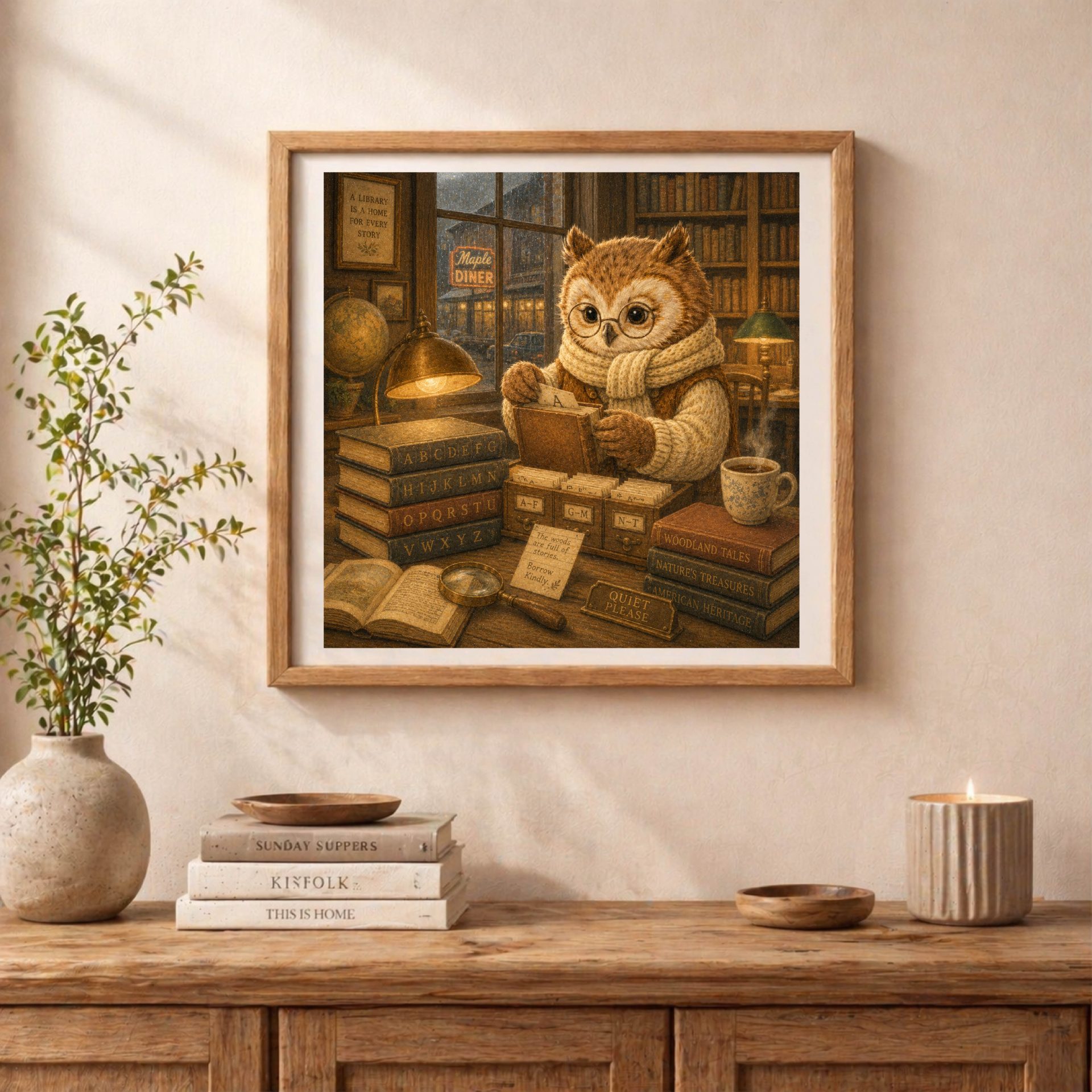 American Woodland Alphabet Owl Librarian Printable Art 3 American Woodland Alphabet owl librarian printable displayed in a cottagecore living room