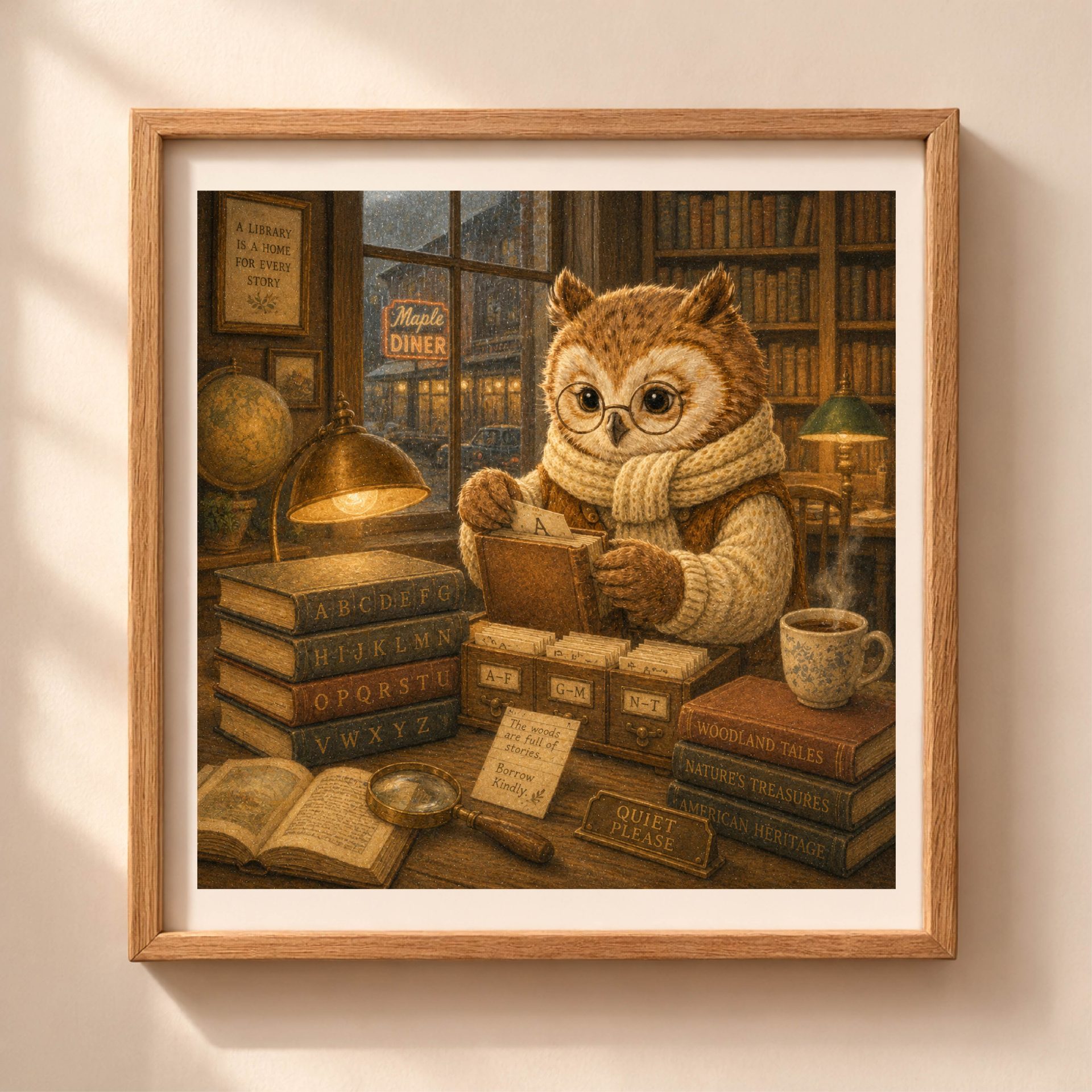 American Woodland Alphabet Owl Librarian Printable Art 1 American Woodland Alphabet owl librarian printable wall art featuring a woodland owl organizing books in a cozy New England library