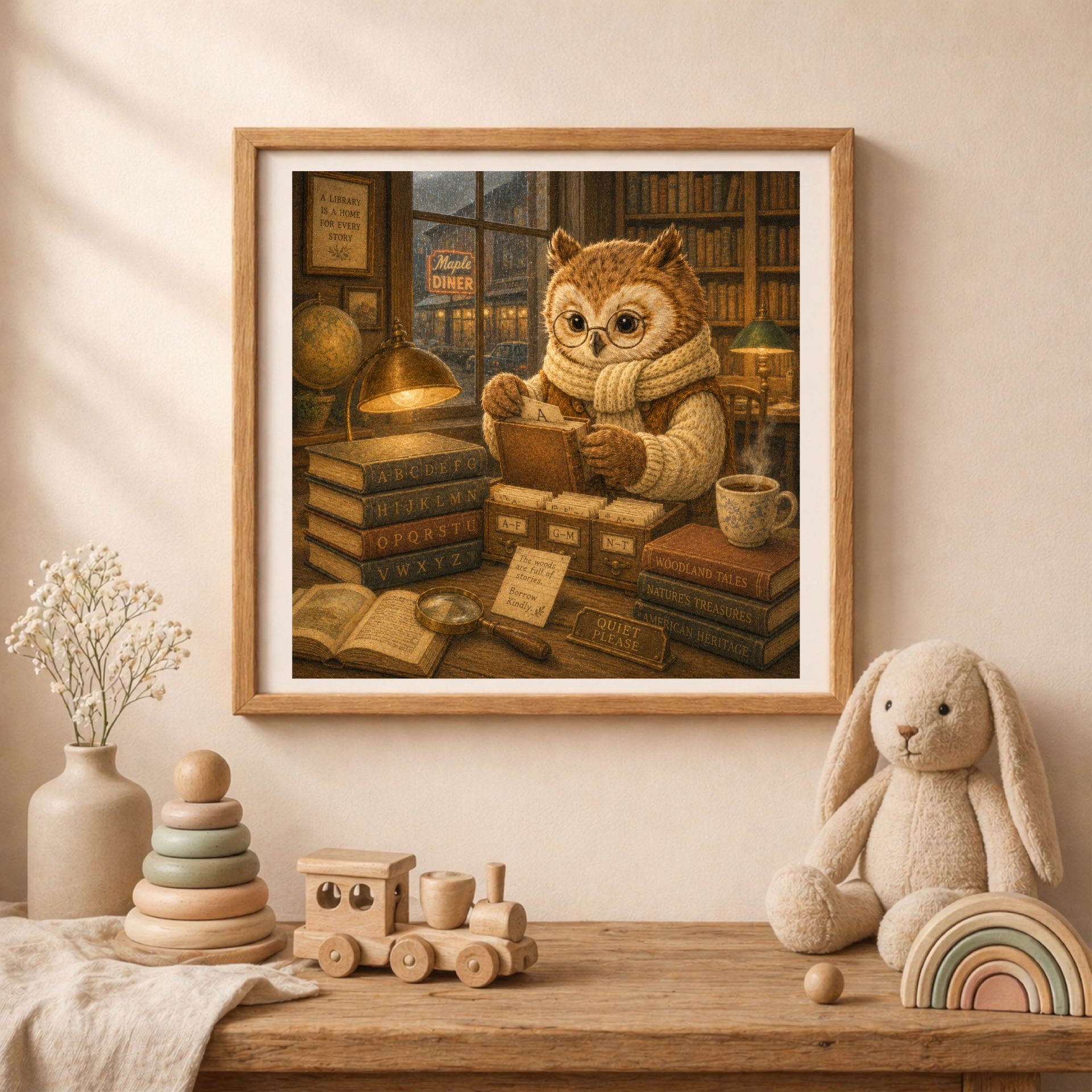 American Woodland Alphabet Owl Librarian Printable Art 2 Woodland nursery mockup featuring American Woodland Alphabet owl librarian printable wall art above a nursery shelf