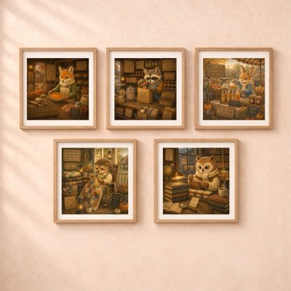 American Woodland Professions Alphabet printable wall art set featuring fox baker raccoon shopkeeper rabbit market vendor hedgehog quilt maker and owl librarian