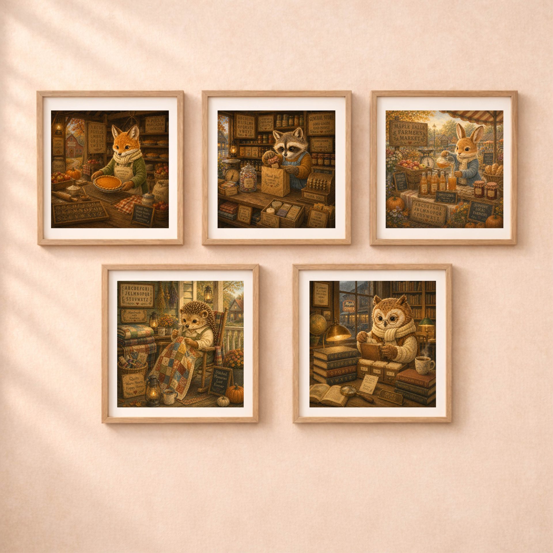 American Woodland Professions Alphabet Printable Wall Art Set 1 American Woodland Professions Alphabet printable wall art set featuring fox baker raccoon shopkeeper rabbit market vendor hedgehog quilt maker and owl librarian