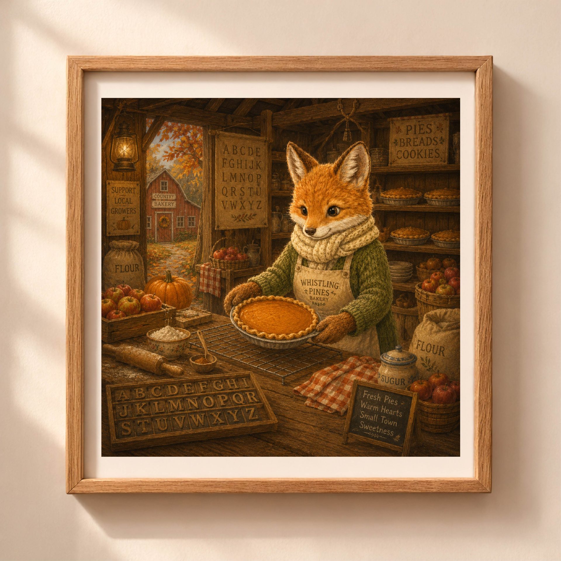 American Woodland Professions Alphabet Printable Wall Art Set 2 American Woodland Professions Alphabet fox baker printable wall art preparing a pie inside a rustic countryside bakery