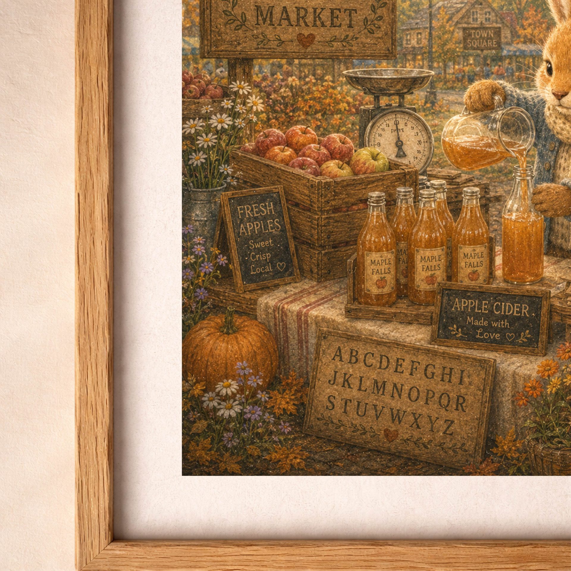 American Woodland Professions Alphabet Printable Wall Art Set 7 Close-up detail of American Woodland Professions Alphabet rabbit farmers market illustration showing alphabet elements and harvest decor