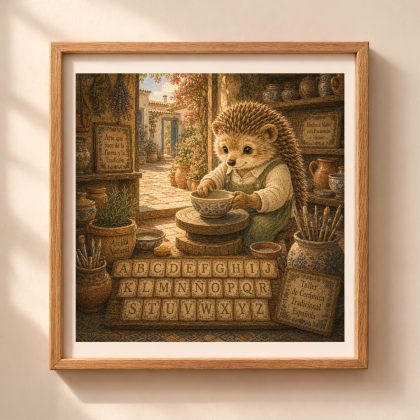 Spanish Woodland Alphabet Hedgehog Pottery Artisan printable wall art featuring a hedgehog creating handmade ceramics in a traditional Spanish pottery workshop