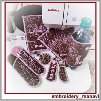 Gemini set with 9 ITH embroidery designs: quilted covers, pencil cases, and key fobs, Bottle Holder with geometric motifs by Embroidery Manavi 05.