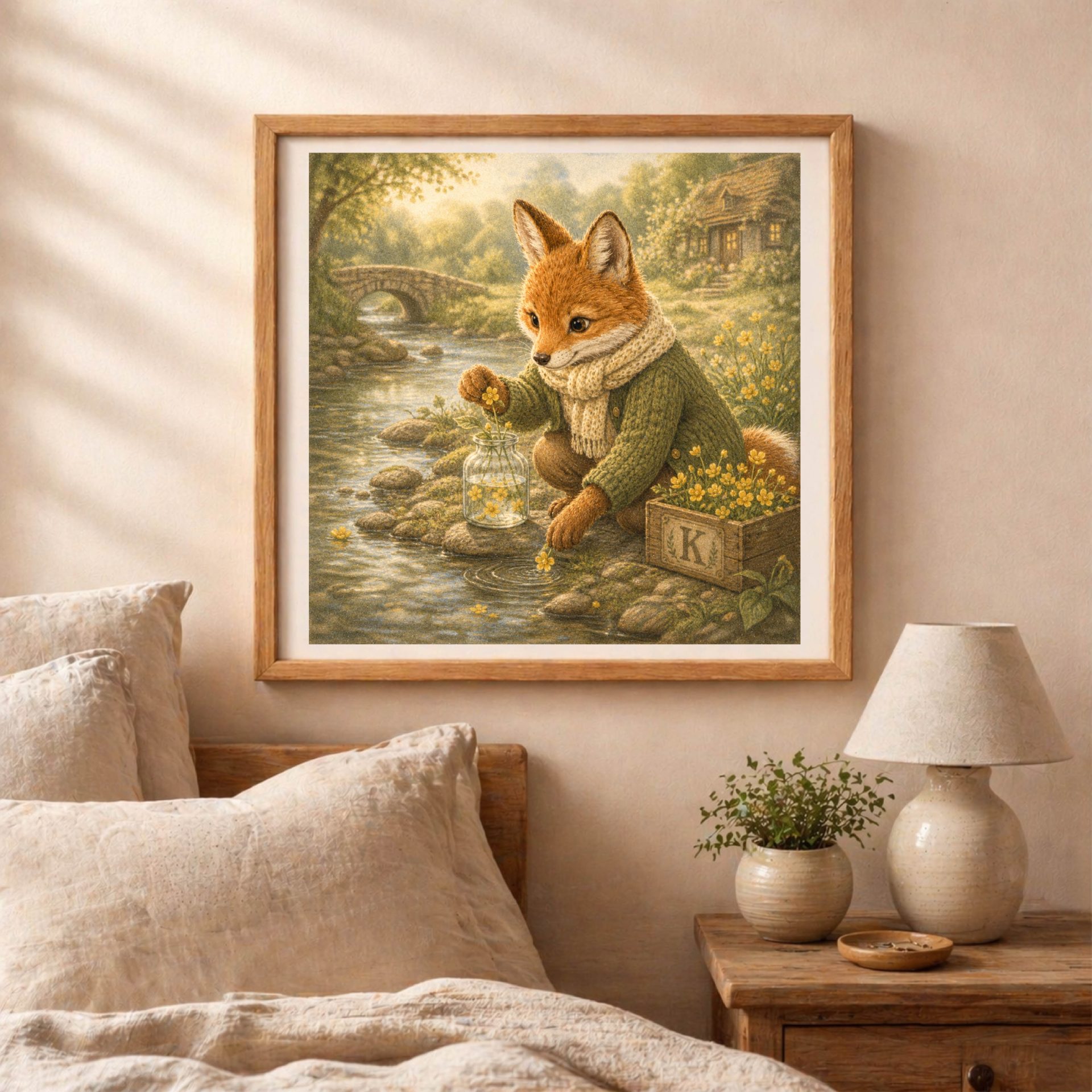 Woodland K Monogram Printable Wall Art Fox Kingcup Decor 6 Close up detail of Woodland K monogram fox kingcup printable wall art