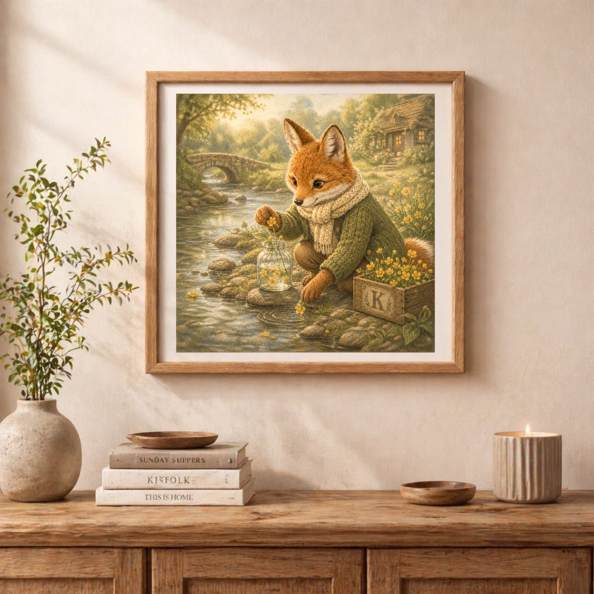 Woodland K Monogram Printable Wall Art Fox Kingcup Decor 3 Woodland K monogram printable wall art displayed in cottagecore living room