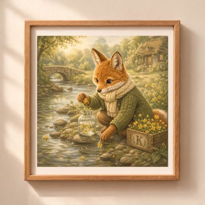 Woodland K monogram printable wall art featuring a fox gathering kingcup flowers by a stream