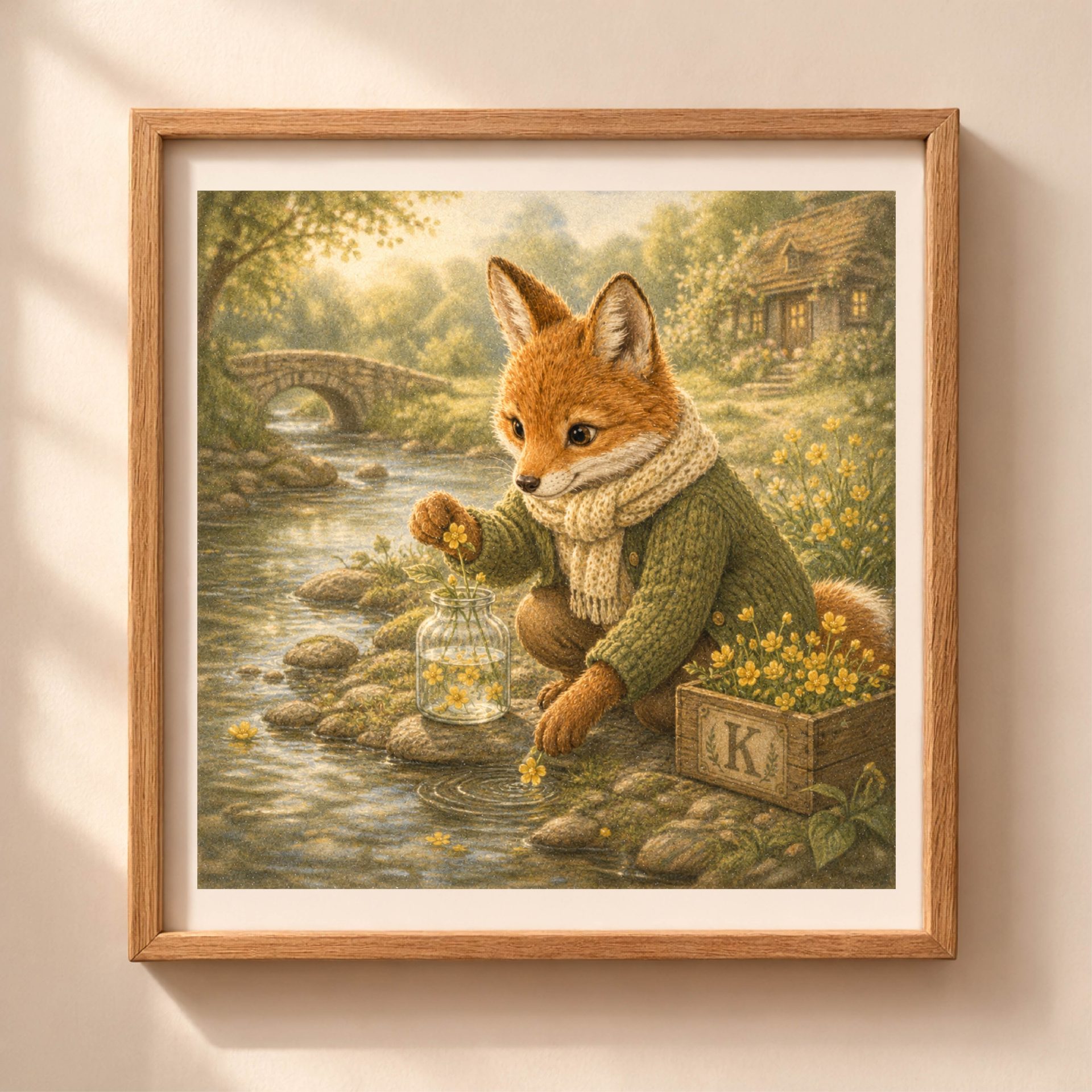 Woodland K Monogram Printable Wall Art Fox Kingcup Decor 1 Woodland K monogram printable wall art featuring a fox gathering kingcup flowers by a stream