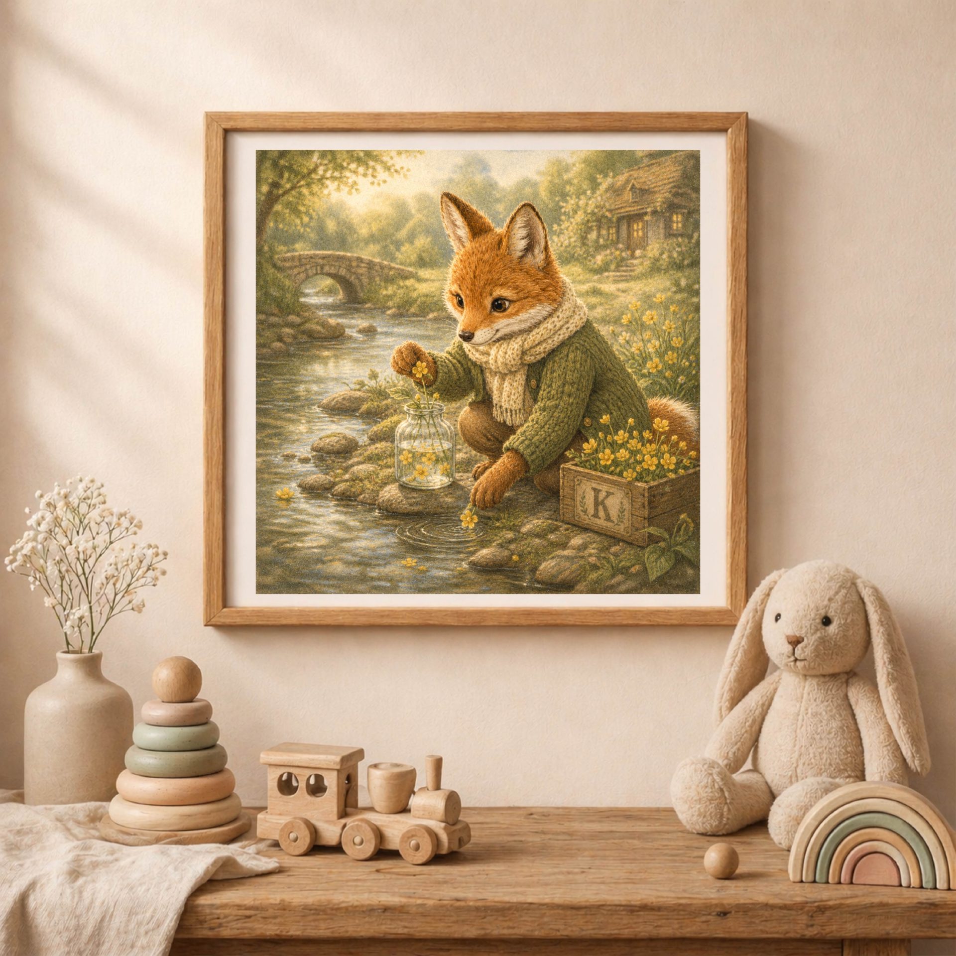 Woodland K Monogram Printable Wall Art Fox Kingcup Decor 2 Woodland K monogram fox wall art displayed in a woodland nursery