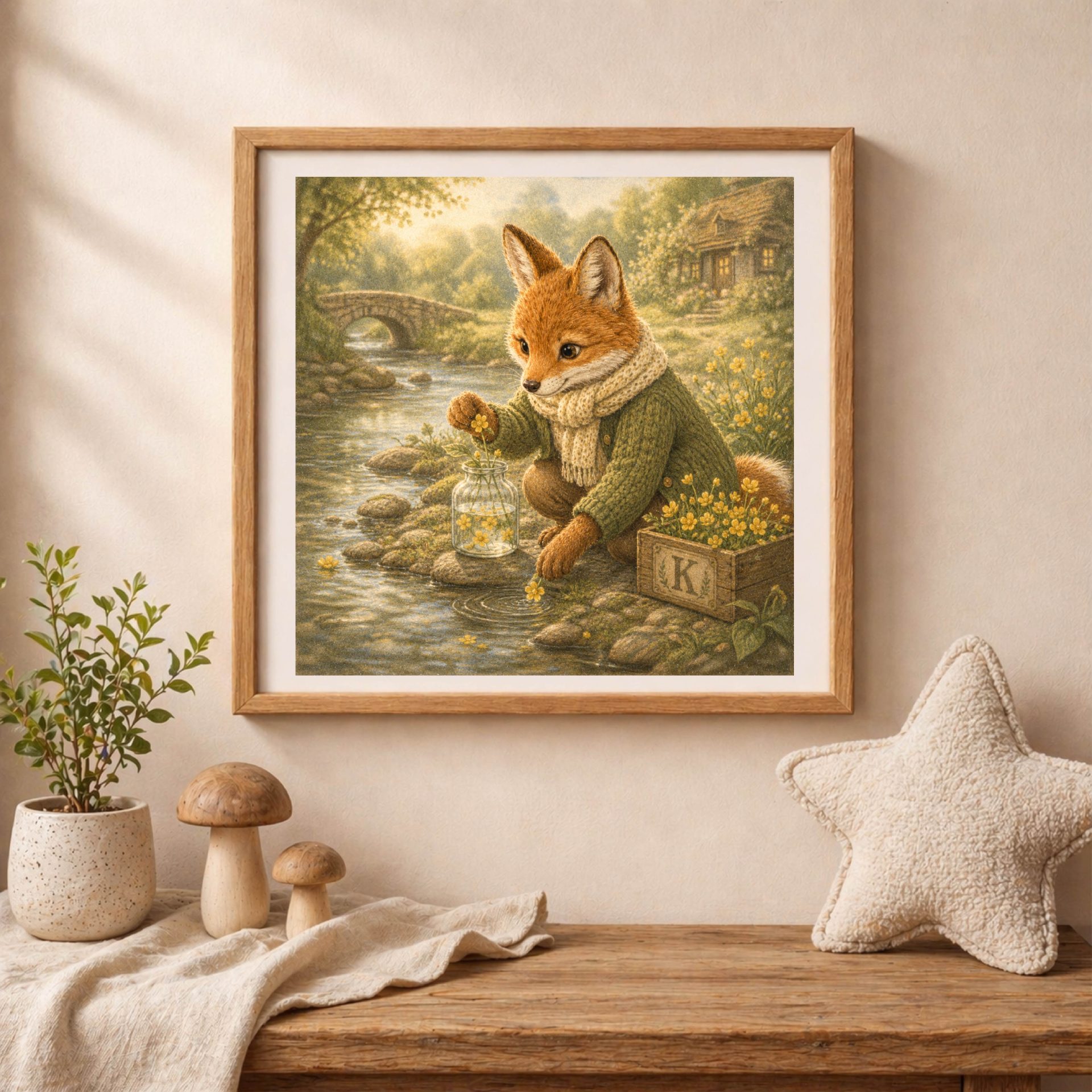 Woodland K Monogram Printable Wall Art Fox Kingcup Decor 5 Woodland K monogram printable fox wall art with cottagecore nursery styling