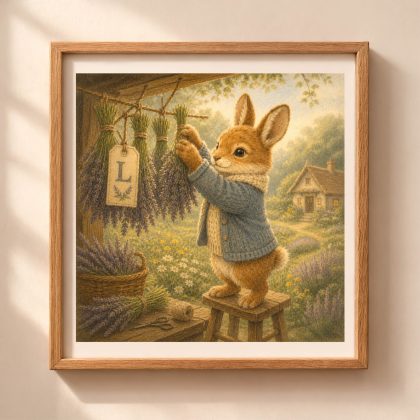 Woodland L monogram printable wall art featuring a bunny hanging lavender bundles