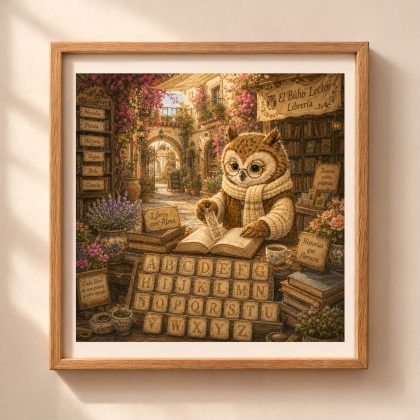 Spanish Woodland Alphabet Owl Bookshop Keeper printable wall art featuring an owl reading in a Spanish courtyard bookstore