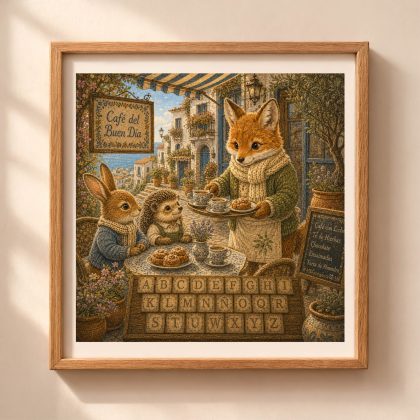 Spanish Woodland Alphabet Fox Seaside Café Owner printable wall art featuring a fox serving tea in a Spanish coastal café