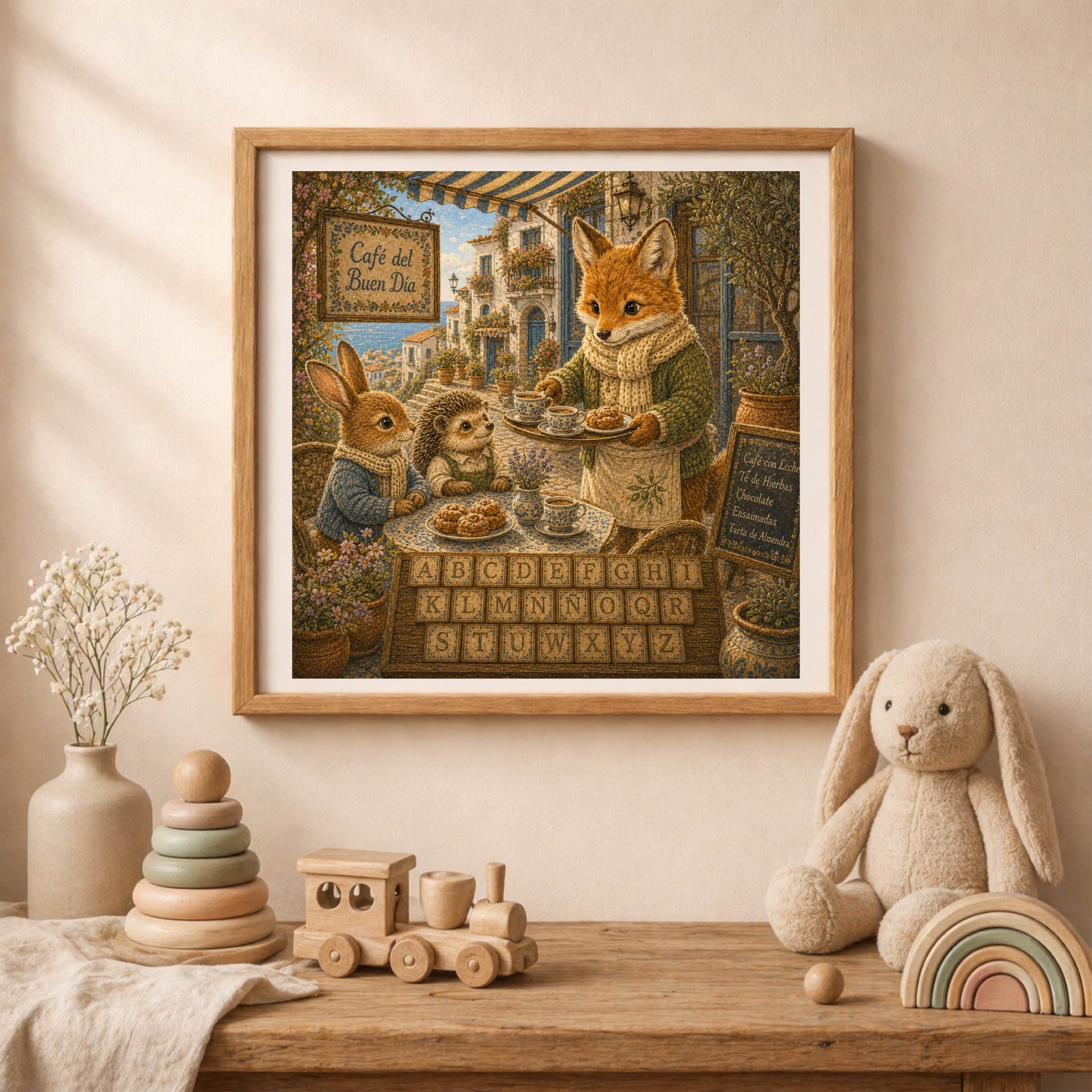 Spanish Woodland Alphabet Fox Seaside Café Owner Art 2 Spanish Woodland Alphabet Fox Seaside Café Owner nursery wall art displayed in a woodland baby room