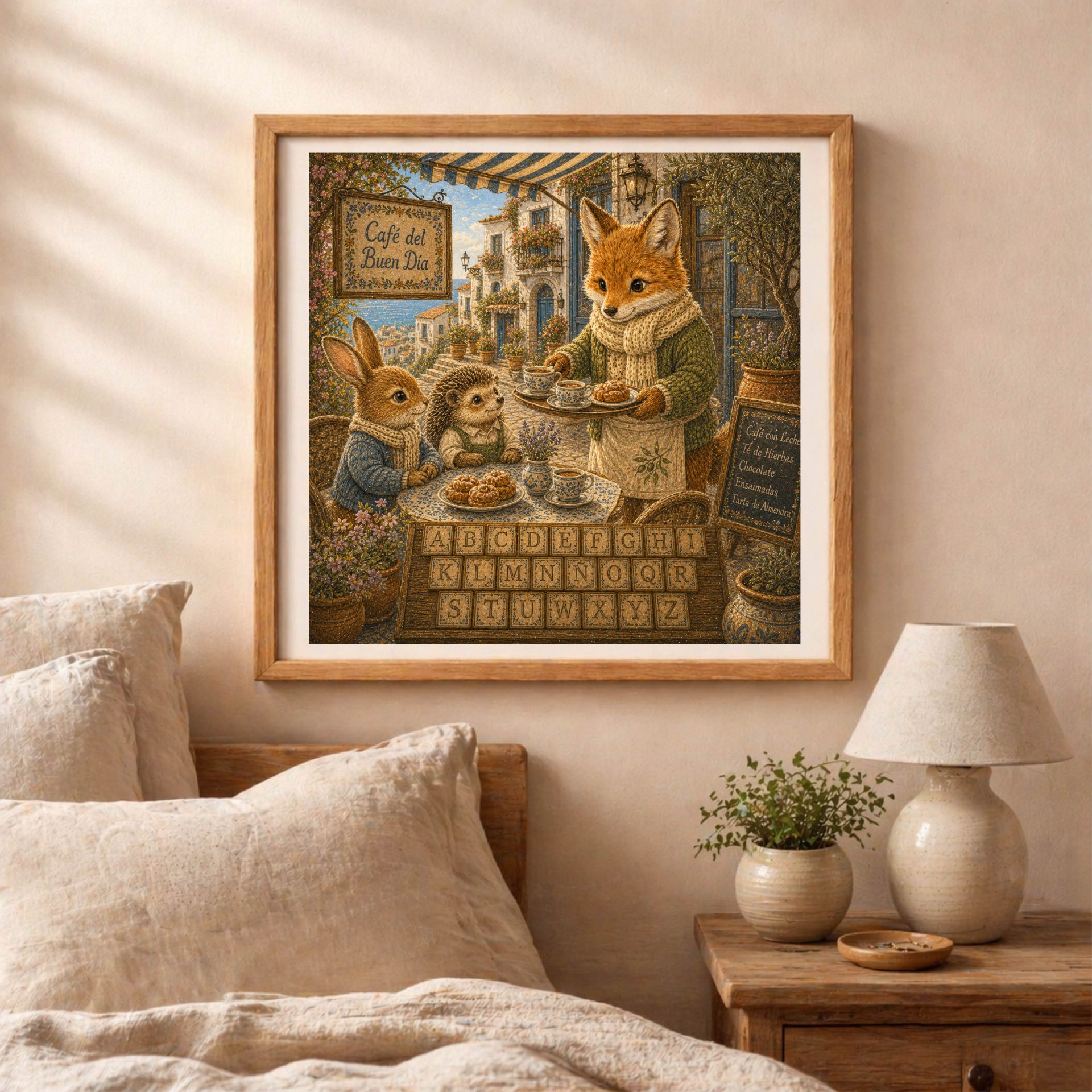 Spanish Woodland Alphabet Fox Seaside Café Owner Art 5 Spanish Woodland Alphabet Fox Seaside Café Owner printable wall art displayed in a cozy bedroom