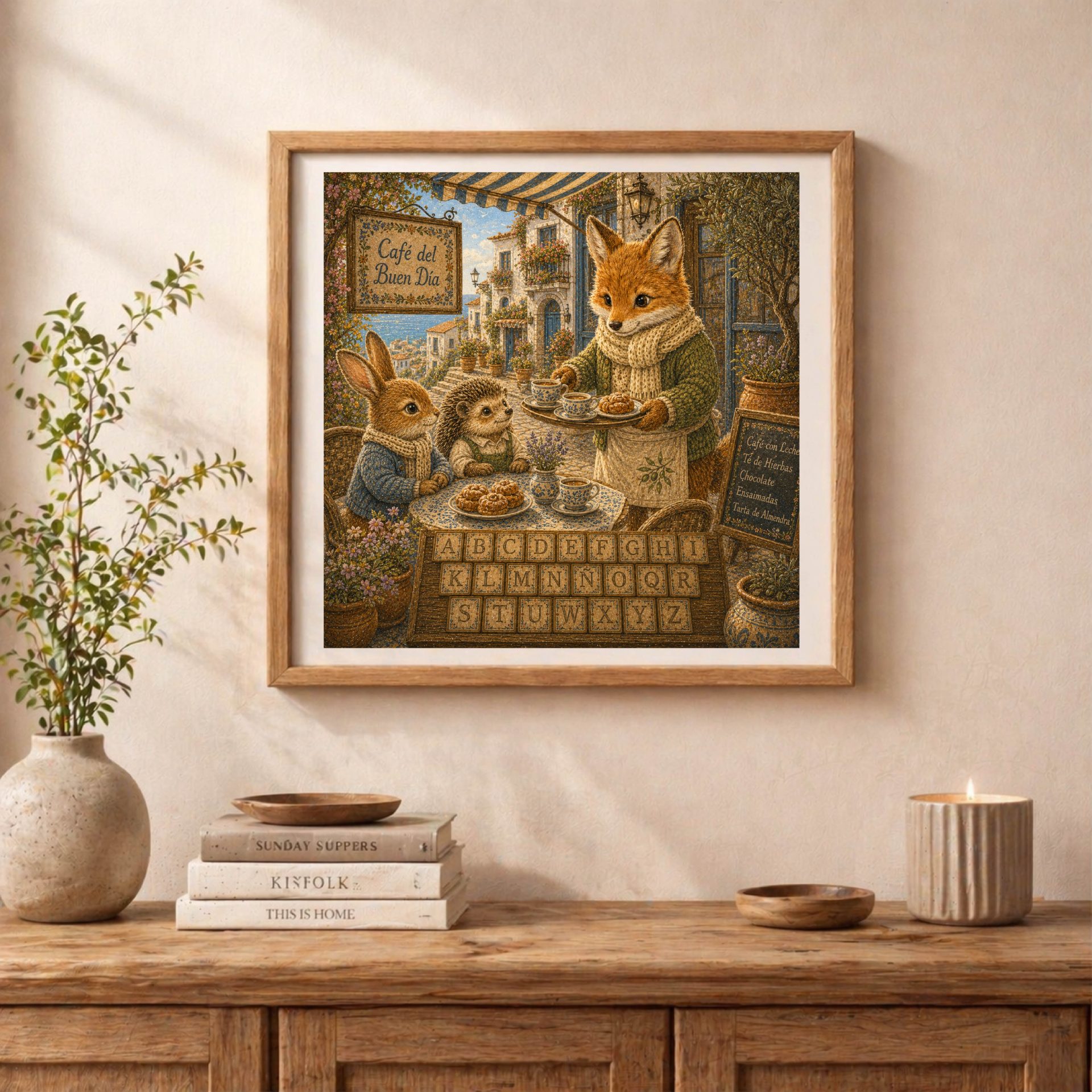 Spanish Woodland Alphabet Fox Seaside Café Owner Art 3 Spanish Woodland Alphabet Fox Seaside Café Owner printable wall art displayed in a cottagecore home