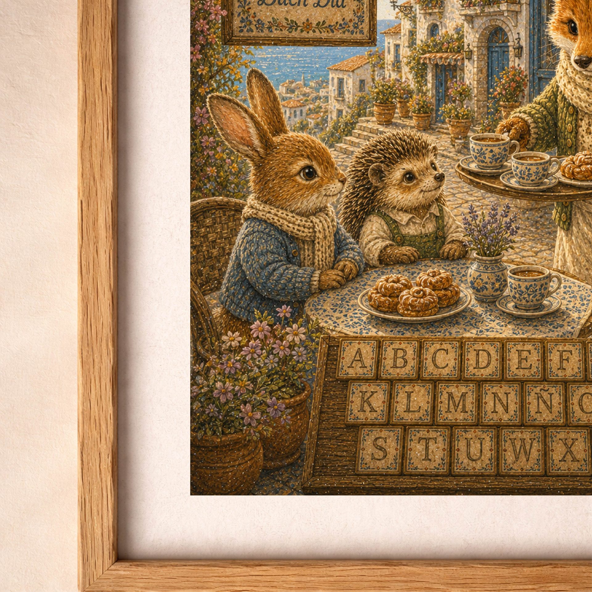 Spanish Woodland Alphabet Fox Seaside Café Owner Art 6 Close up detail of Spanish Woodland Alphabet Fox Seaside Café Owner showing alphabet tiles and café details