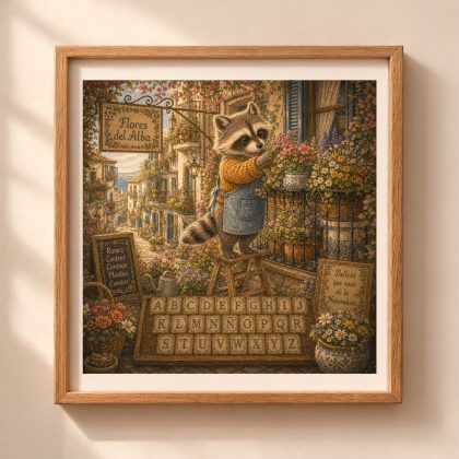 Spanish Woodland Alphabet Raccoon Balcony Flower Seller printable wall art featuring a raccoon arranging flowers on a Spanish balcony