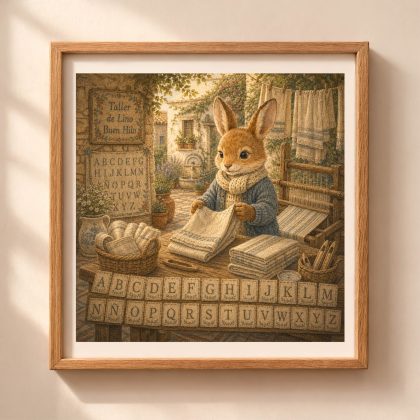 Spanish Woodland Alphabet Rabbit Linen Weaver printable wall art featuring a rabbit artisan folding handmade linen beside a traditional loom