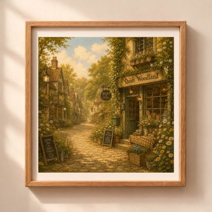 Woodland Bookshop Street Printable Wall Art featuring a cozy storybook village and Quiet Woodland bookstore