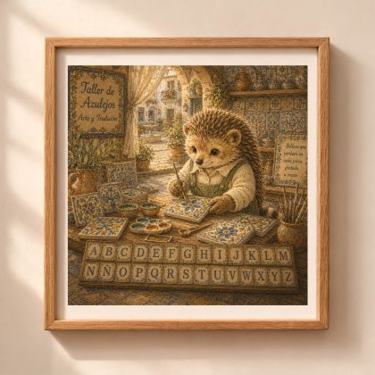 Spanish Woodland Alphabet Hedgehog Ceramic Tile Painter printable wall art featuring a hedgehog artisan painting traditional Spanish ceramic tiles