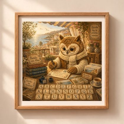Spanish Woodland Alphabet Owl Seaside Postcard Writer printable wall art featuring an owl writing postcards in a Mediterranean coastal village