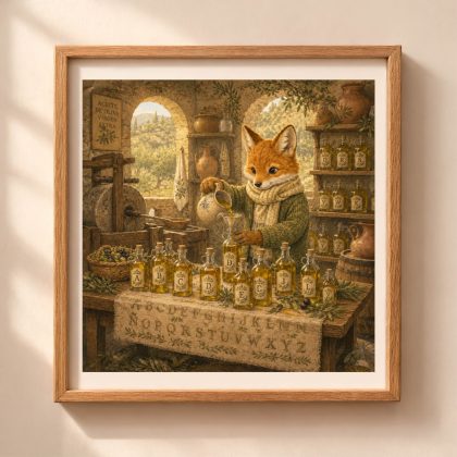 Spanish Woodland Alphabet Fox Olive Oil Maker printable wall art featuring a fox bottling olive oil in a traditional Spanish olive mill