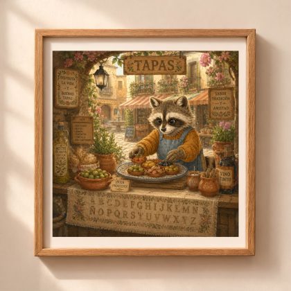 Spanish Woodland Alphabet Raccoon Tapas Market Vendor printable wall art featuring a raccoon preparing tapas in a traditional Spanish market