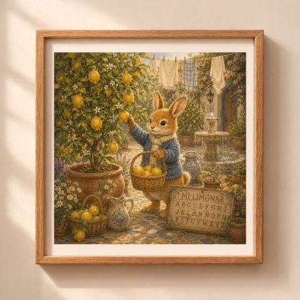 Spanish Woodland Alphabet Rabbit Courtyard Lemon Grower printable wall art featuring a rabbit harvesting lemons in a Spanish courtyard garden