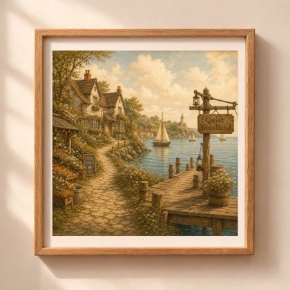 Woodland Harbor Village Wall Art printable featuring a peaceful harbor village with cottages, sailboats and a wooden pier in Quiet Woodland style
