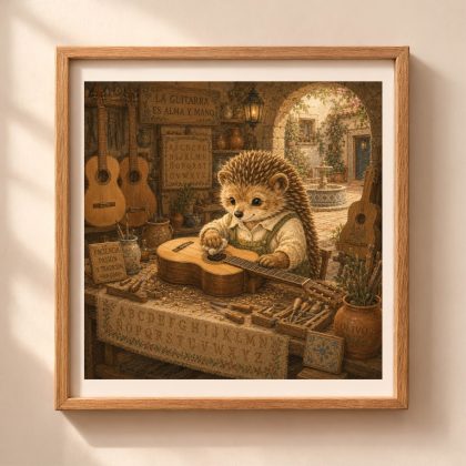 Spanish Woodland Alphabet Hedgehog Guitar Maker printable wall art featuring a hedgehog crafting a classical guitar in a Spanish workshop