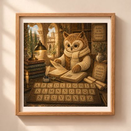 Spanish Woodland Alphabet Owl Historic Archive Curator printable wall art featuring an owl studying manuscripts in a historic Spanish archive