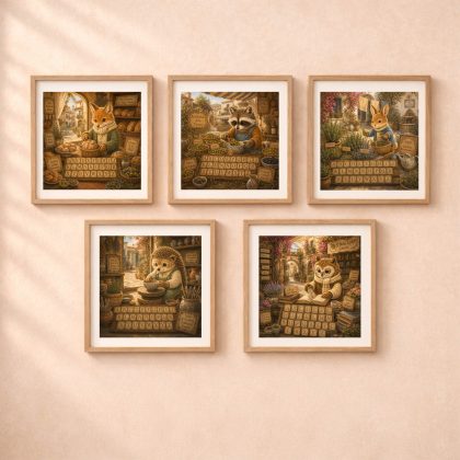 Spanish Woodland Alphabet Professions Wall Art Set featuring fox baker raccoon olive merchant rabbit herb gardener hedgehog potter and owl bookshop keeper