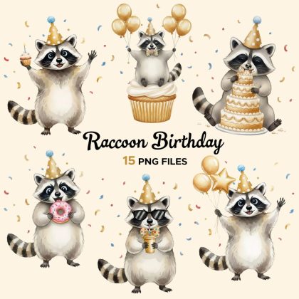 Raccoon Birthday Clipart PNG Bundle, 15 Watercolor Party Graphics