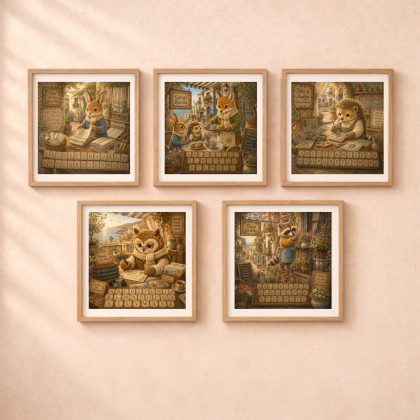 Spanish Woodland Alphabet Coastal Professions Wall Art Set featuring fox cafe owner raccoon flower seller rabbit linen weaver hedgehog ceramic painter and owl postcard writer