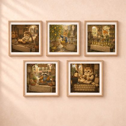 Spanish Woodland Alphabet Professions Wall Art Set featuring five woodland animal professions in Spanish village scenes