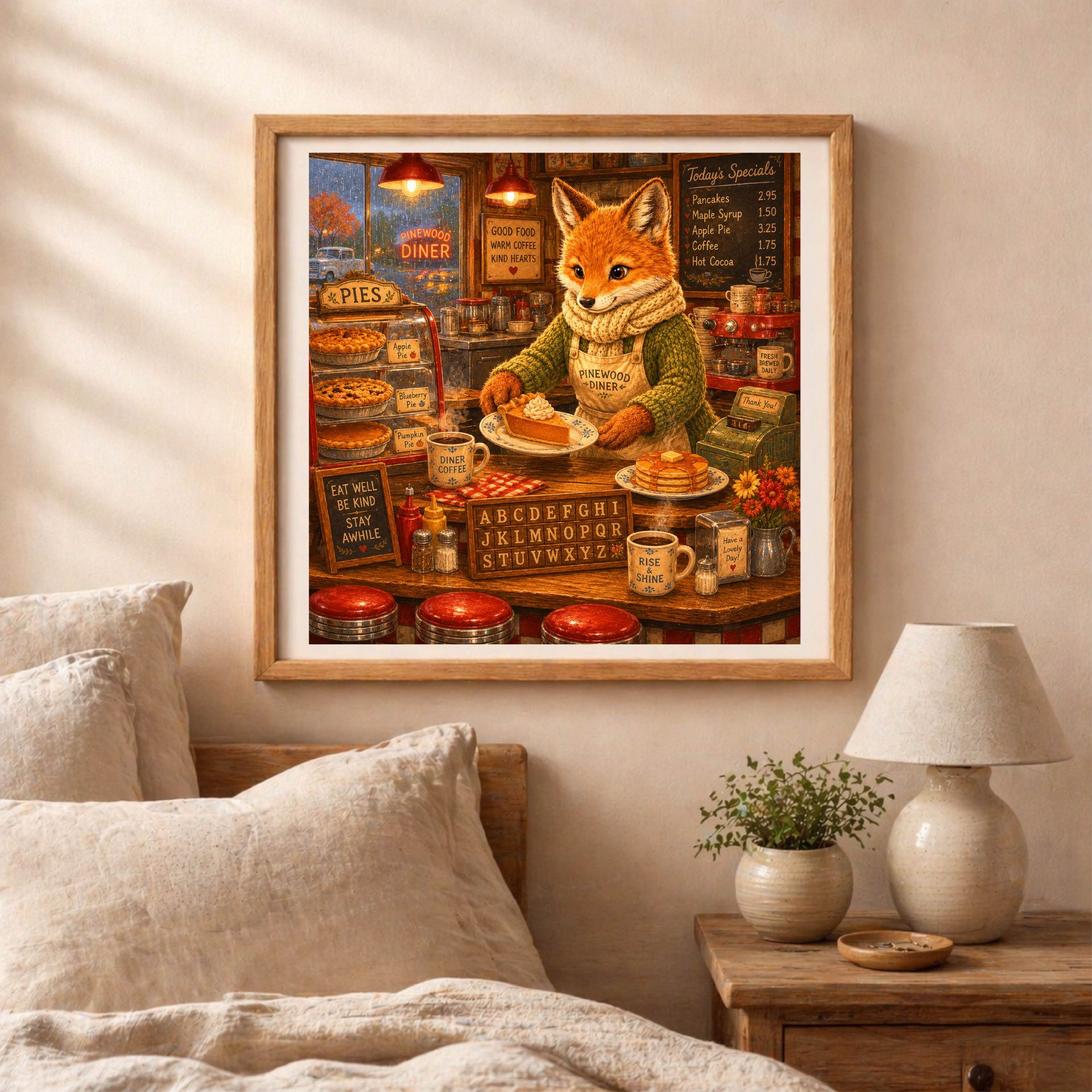 American Woodland Alphabet Fox Roadside Diner Cook Art 5 American Woodland Alphabet Fox Roadside Diner Cook wall art displayed above rustic bedroom furniture
