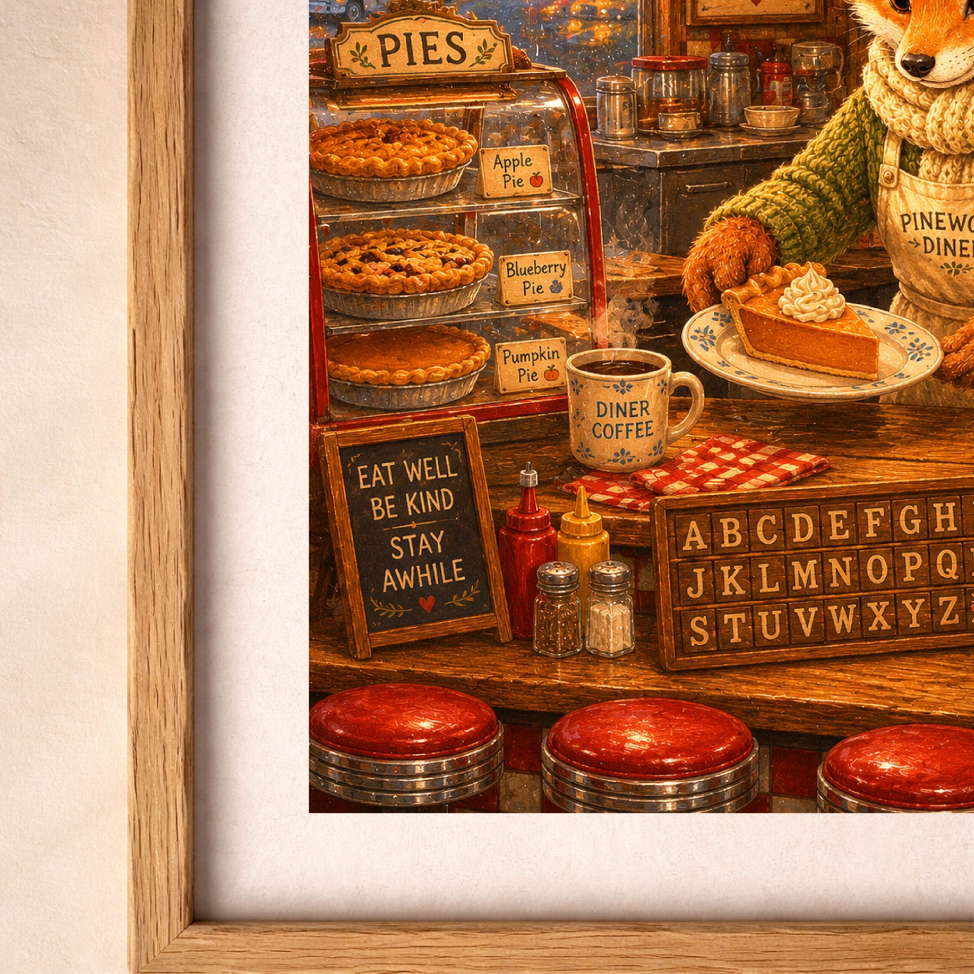 American Woodland Alphabet Fox Roadside Diner Cook Art 6 Close-up detail of American Woodland Alphabet Fox Roadside Diner Cook illustration