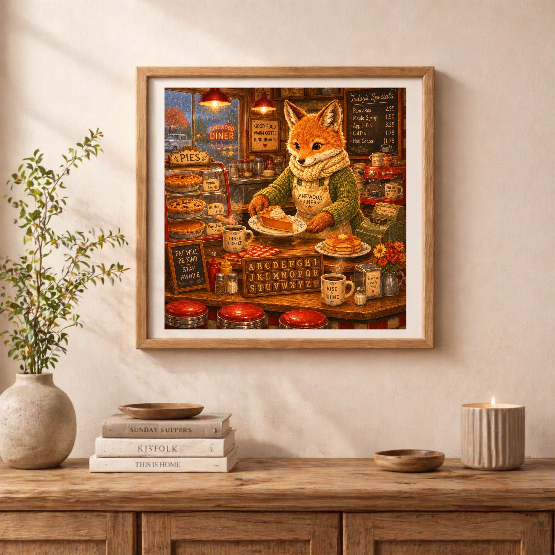 American Woodland Alphabet Fox Roadside Diner Cook Art 3 American Woodland Alphabet Fox Roadside Diner Cook printable artwork displayed in cottagecore living room
