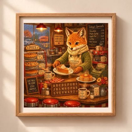 American Woodland Alphabet Fox Roadside Diner Cook printable wall art featuring a fox serving pie in a cozy diner