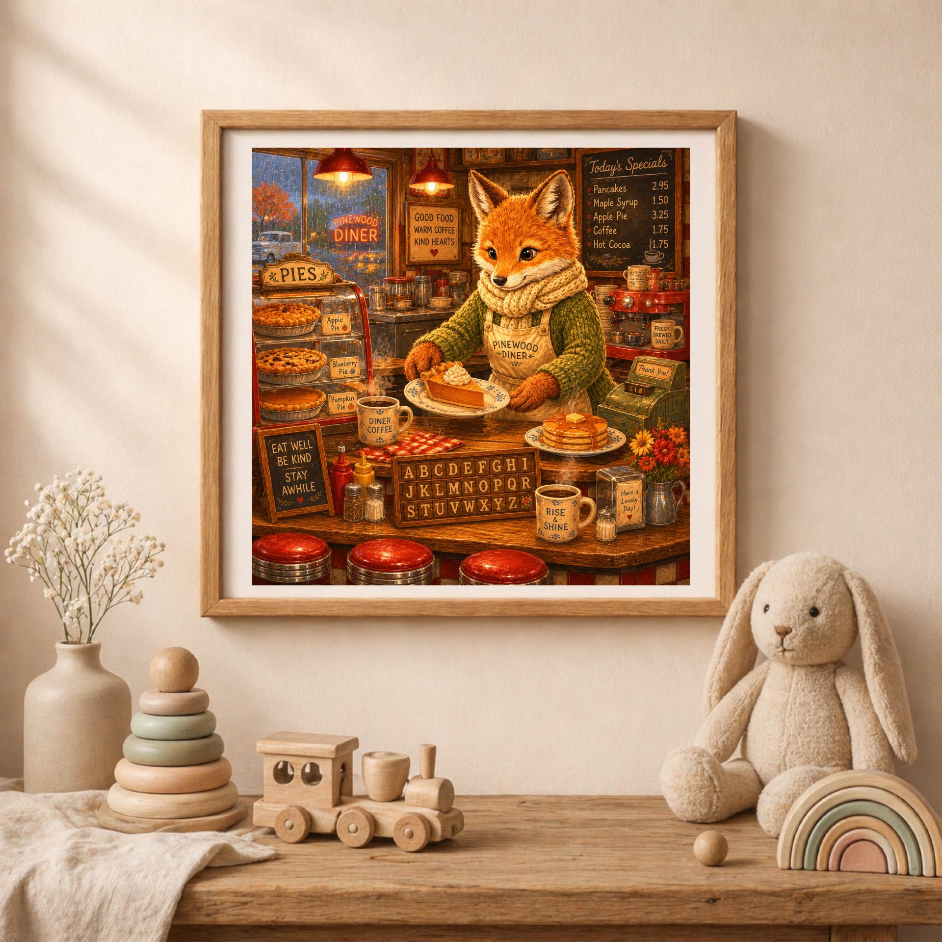 American Woodland Alphabet Fox Roadside Diner Cook Art 2 American Woodland Alphabet Fox Roadside Diner Cook nursery wall art mockup in cozy baby room