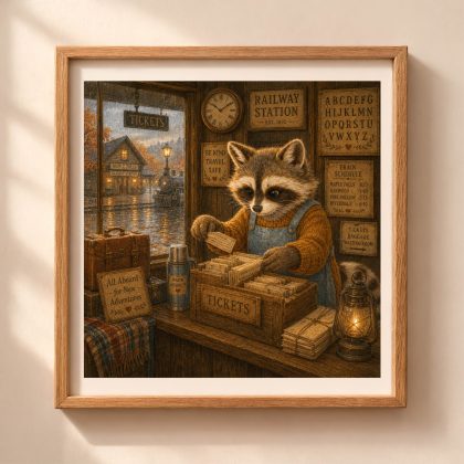 American Woodland Alphabet Raccoon Railway Station Master printable wall art featuring a raccoon sorting train tickets in a vintage railway station