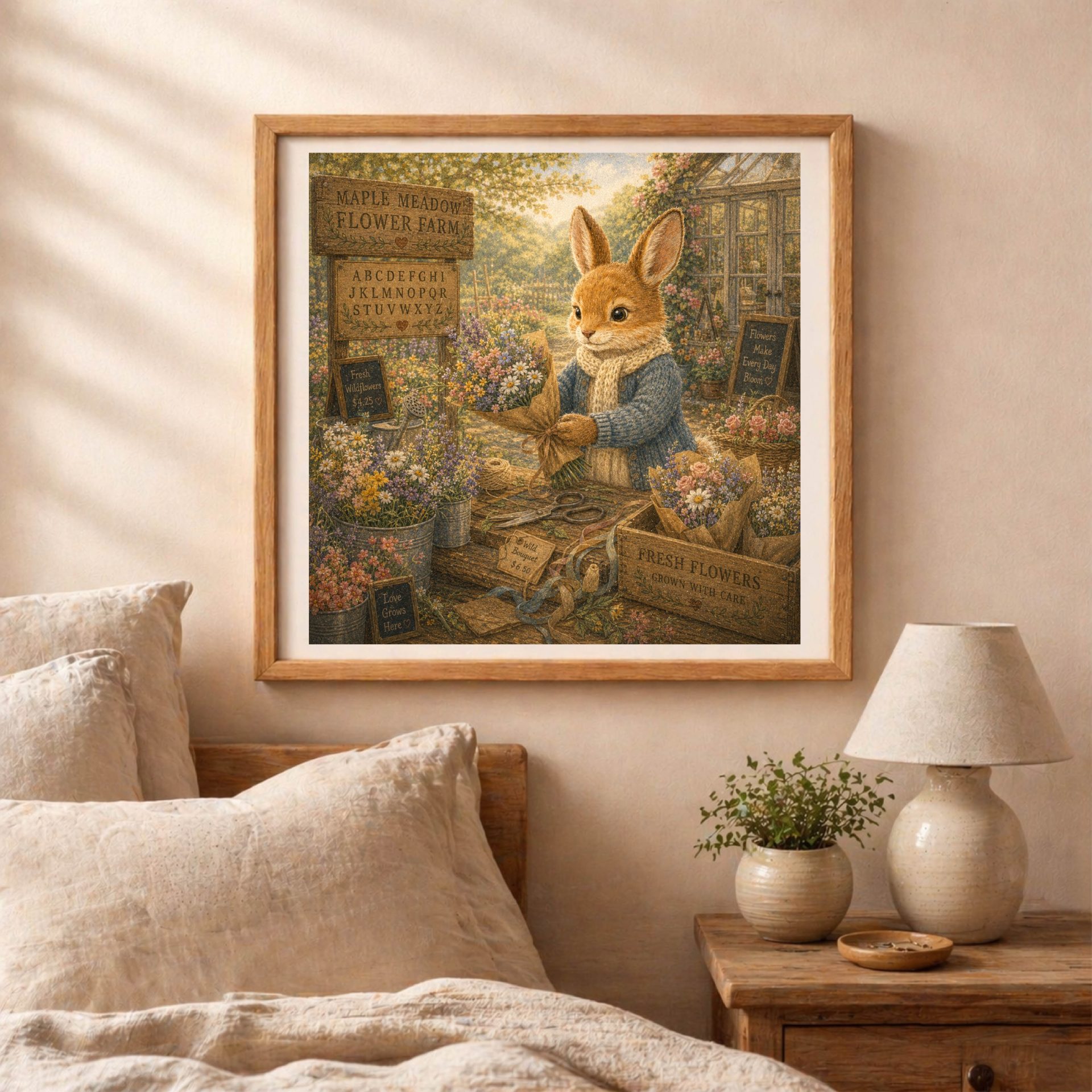 American Woodland Alphabet Rabbit Flower Farm Florist 5 American Woodland Alphabet Rabbit Flower Farm Florist wall art displayed above rustic bedroom furniture