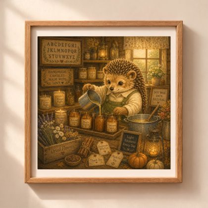 American Woodland Alphabet Hedgehog Candle Maker printable wall art featuring a woodland hedgehog making handmade candles