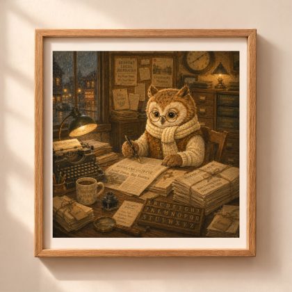 American Woodland Alphabet Owl Newspaper Editor printable wall art featuring a woodland owl working in a cozy newspaper office