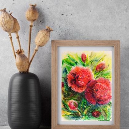 Original Peonies Oil Pastel Painting 5.8x8.3" Unframed