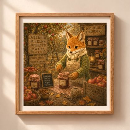 American Woodland Alphabet Fox Apple Orchard Jam Maker Printable with fox making apple cinnamon jam in an autumn orchard